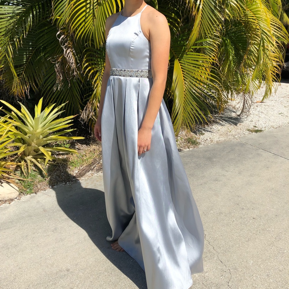 High neck silver prom dress